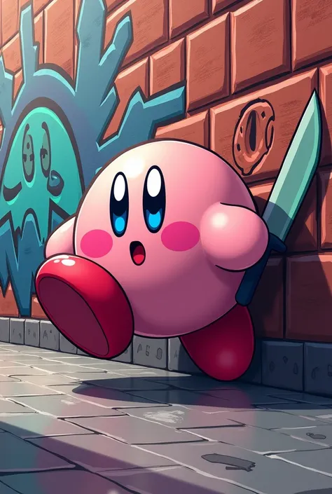 make kirby from pokemon. but it has to be square minecraft style, he is graffitiing on a brick wall. cartoon style knife with clear daylight and asphalt floor with reflections.