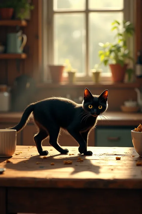 Black cat walking across the kitchen table