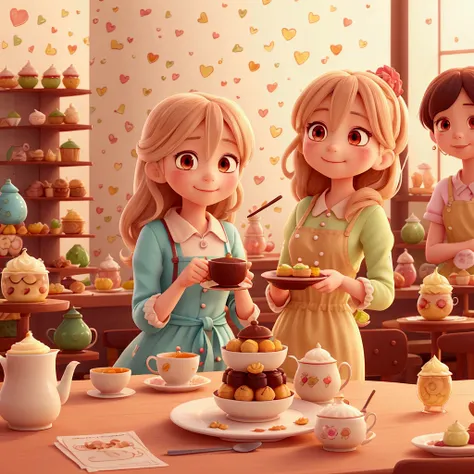 there are a lot of desserts and tea on the table, cozy cafe background, amazing food illustration, tea , sweets, cute detailed digital art, background art, detailed fanart, anime background art, baking artwork, amazing wallpaper, anime food, a beautiful ar...