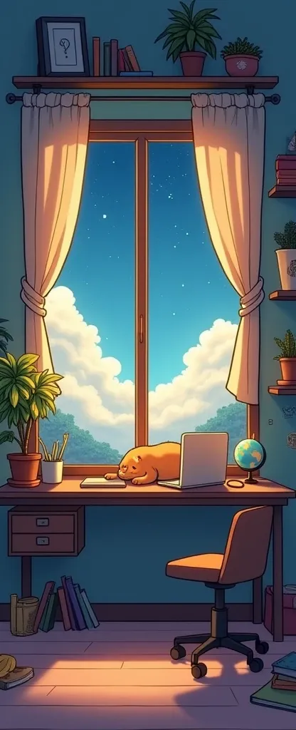 “A cozy Lo-Fi style room with warm, soft lighting. The room features a desk with a laptop, shelves with potted plants, and a cat lounging on the window ledge. Outside the window is a calm starry night sky, symbolizing trivia and knowledge. Small trivia ico...