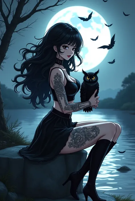 Gothic anime girl with long curly black hair, with beautiful and perfect face with dark makeup, tattoos all over his body, clothes a short black skirt and a short black jumper black high boots, of boluminous body, sitting on a rock and in the background a ...