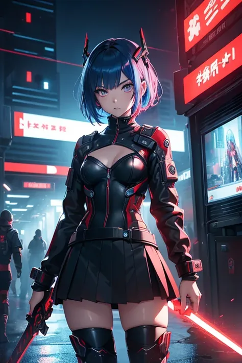 1girl, short, kawai face, (red detalied eyes), electric blue hair, short hair, small chest, ((cyberpunk tight clothes, red clothes, tech clothing, skirt, combat boots)), Blade runner Style, night neon city background, Big eyes, good lighting, lam-style, To...