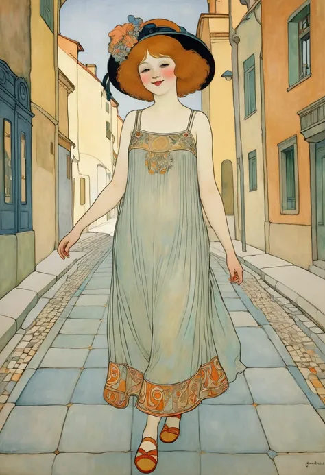 1 girl, round face, little fat, giggle, very cute, happy, walking, street, camisole, Gustav Klimt: art-nouveau style, George Barbier: Art-Déco style, paul-klee: abstract style,