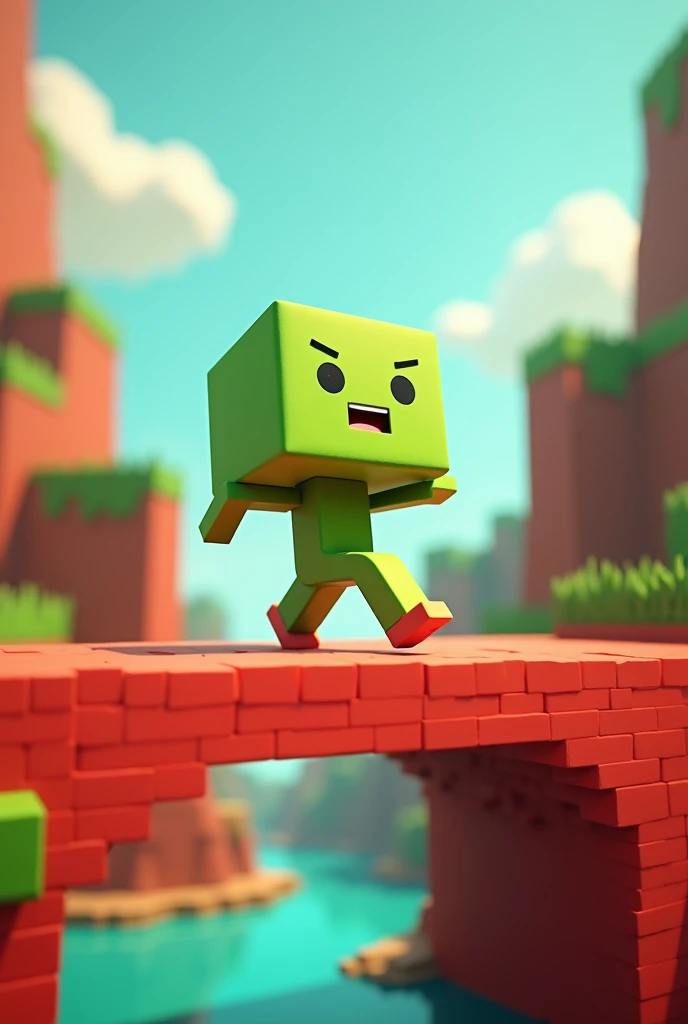 A square doll with a green face, two eyes, a mouth and a slightly raised eyebrow., walking on a red block bridge (Minecraft Style)