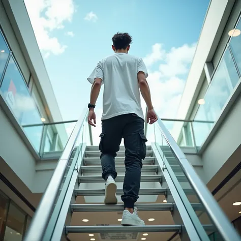 Young male model with light skin, seen from behind, ascending a ladder in a modern shopping mall, wearing an oversized white t-shirt, 100% premium cotton, 220 grams, 68cm length, 62cm chest width, sleeves 24cm, paired with dark cargo pants and white sneake...