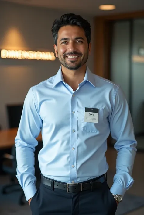 A CEO of a holding company wearing a dress shirt in the workplace, with badge written Gabriel Rosa, at the bottom it says Dimensional