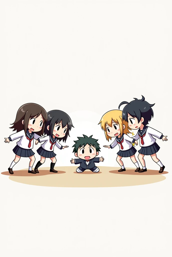 Draw 3 chibi students fighting 1 chibi student