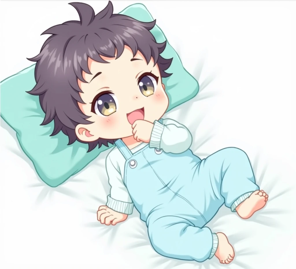 The image shows a drawing of a baby with green hair and brown eyes., he has black skin. The baby is lying down, wearing a light blue jumpsuit and appears to be sucking his thumb. The expression is cute and innocent, and the background is simple, highlighti...