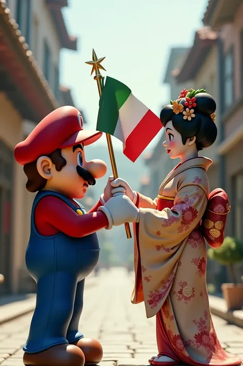 The character Mario holding the Italian flag against a geisha holding the Japanese flag