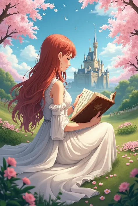 A captivating anime illustration of a young woman reading a large, ancient Bible. She has long, wavy auburn hair and adorns a simple yet elegant white gown. Her serene expression signifies her deep connection to the sacred text. The background is a serene,...