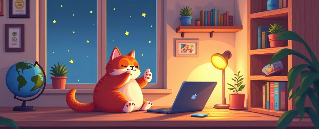 “A cozy Lo-Fi style room with warm, soft lighting. The room features a desk with a laptop, shelves with potted plants, and a cat lounging on the window ledge. Outside the window is a calm starry night sky, symbolizing trivia and knowledge. Small trivia ico...