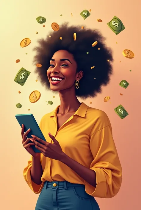 A happy black woman with a cell phone in her hand with a money symbol falling into the digital account