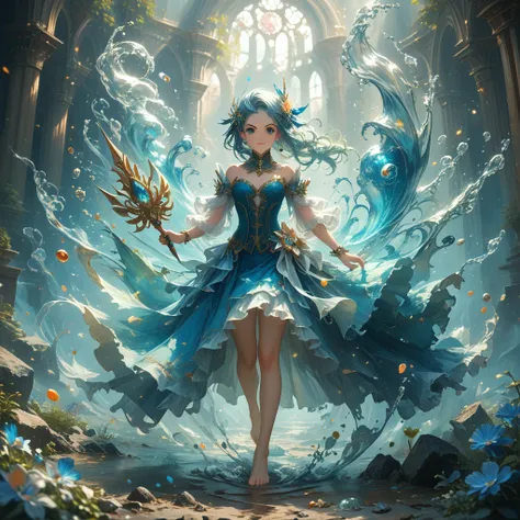 cute，A semi-mechanical biochemical blue sea elf，Wearing clothes made from seawater，Wearing a digitally machined blue sea water wreath on her head，Barefoot，Holding a mechanical paintbrush in the left hand，Right hand pointing forward，On the right hand, there...