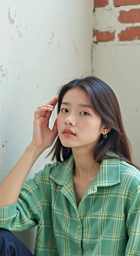 A young woman whose face is the same as the one in the photo,with a light green plaid collared shirt, sitting in a simple room with a brick ceiling, looking at the camera with his hand touching his head. The room has plain textured walls..