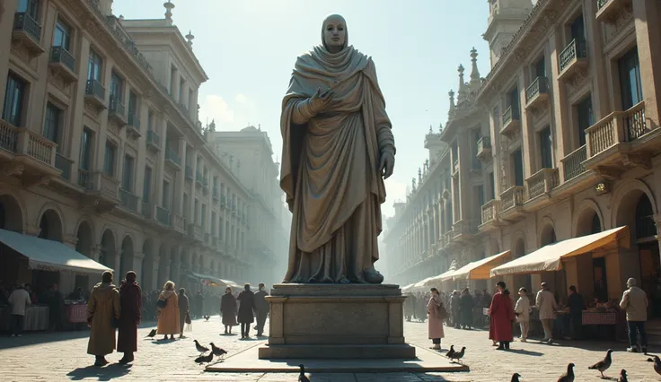 A headless statue in the middle of a square