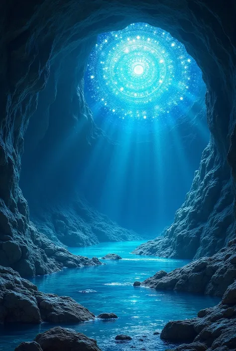 The dazzling ceiling of a mysterious cave, more than half filled with cobalt blue seawater, diamonds, sapphires and other precious stones, science fantasy, dreamland, and the best image quality.