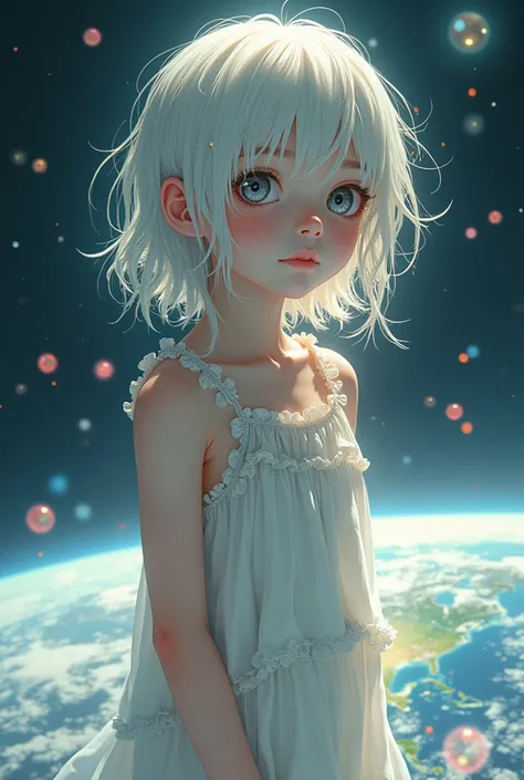 (the masterpiece, Best quality at its best:1.2), (ultra - detailed),(lamp light), wallpaper, original,
1 girl, dirty white hair, thin shoulder strap, White dress, bare feet, Barefoot, Bare arms, space, Earth background, Low Earth Orbit, 
,(Surrounded by co...