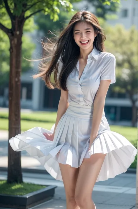 1girl, thai university uniform, hyper-realistic, white plain short-sleeve button up shirt:1.2, dark blue pleated midium skirt:1....