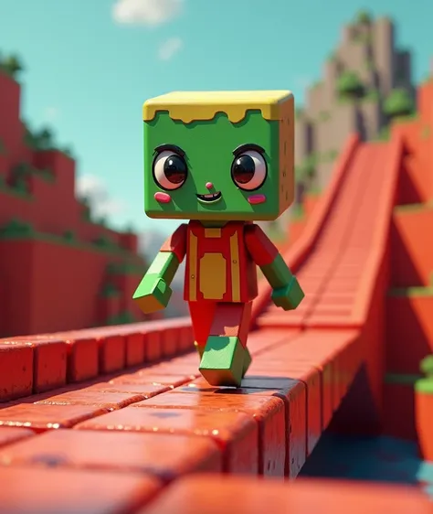 A doll with a green square face, large expressive eyes, slightly raised eyebrow, and simple mouth, walking on a red block bridge, ((minecraft style)), 8k, highly detailed, photorealistic, 3d render, cinematic lighting, vibrant colors, fantasy, hyper realis...