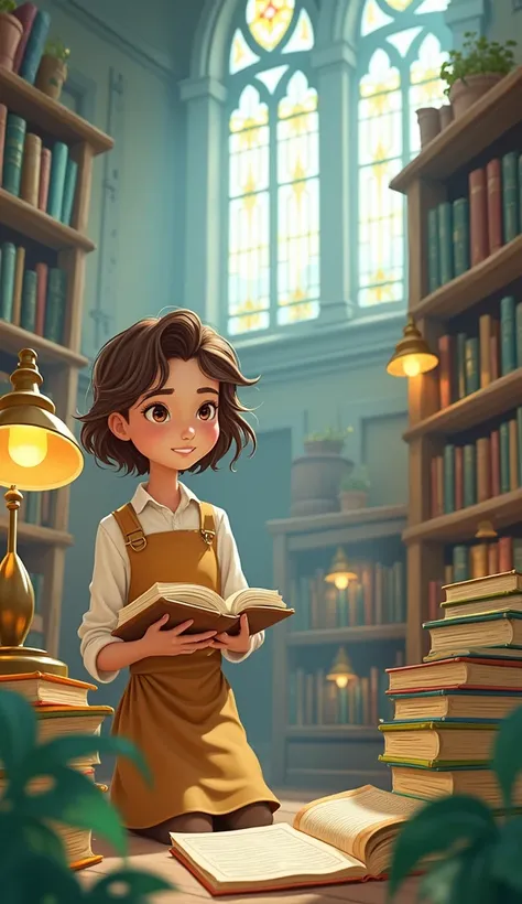 cartoon, , brown haired, reading ancient books, in library.