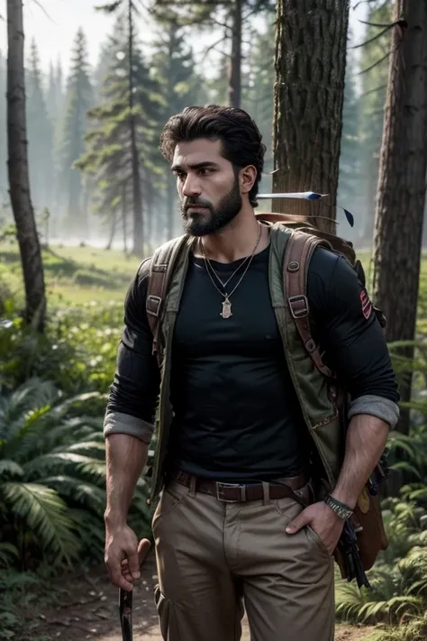 Brazilian male character of Arab ethnicity, approximately 30 years, brown eyes, black curly hair, short black beard, athletic physique, wearing brown mechanic pants, a black t-shirt, a brown aviator style jacket on top, a wolf tooth necklace,  carrying on ...