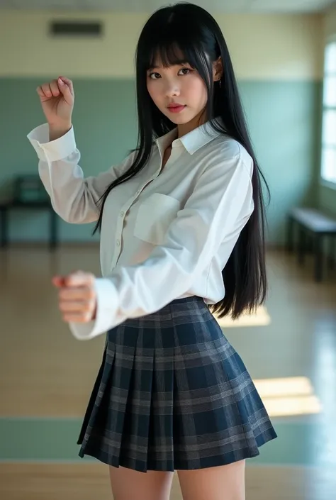 A Japanese high school girl with straight black hair is practicing kung fu. It&#39;s like a photo.。

The uniform is a white shirt。(((gigantic Breasts。, massive cleavage)))

The skirt is dark in color with a navy blue and gray check pattern.。

Skirt length ...