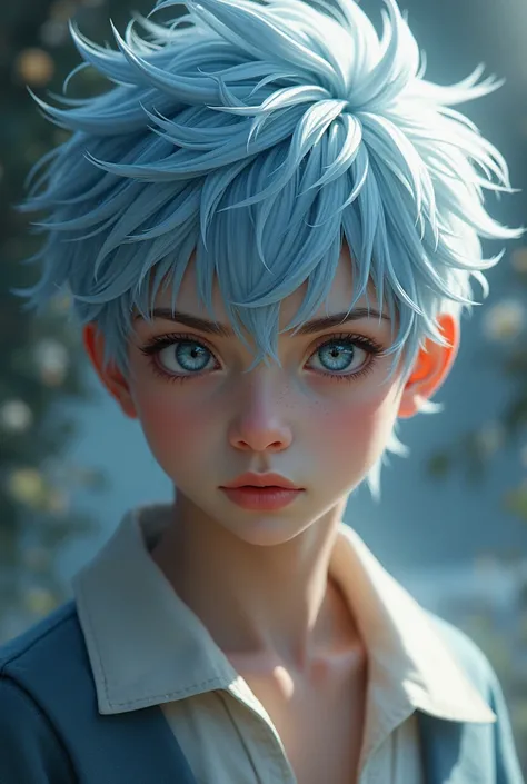 Very handsome boy with short light blue hair with several white strands, his grey eyes, realism style