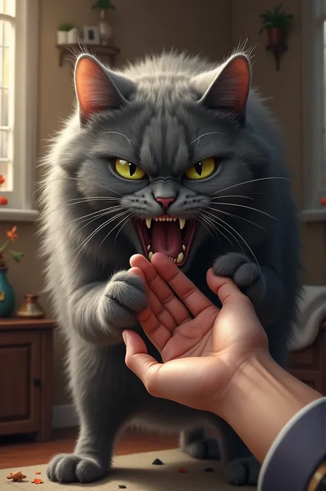 The gray cat bite the man’s hand in pain