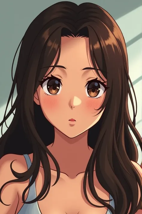  with long, dark brown hair, round face, big cheeks, dark brown eyes, dark brown hair, big chest, mole on the left cheek near the nose, medium sized and round nose, white skin, small mouth, Brazilian, Anime style