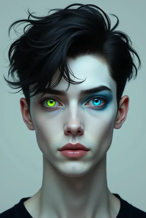 A man with naturally defined black hair, Snow-white skin and one eye green while the other blue, face of a young Latino who looks 1
