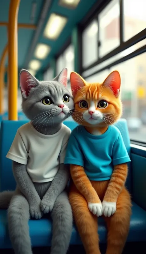 3D rendering of a cool grey cat wearing a white jogging t-shirt, sitting on a bus next to an orange cat wearing a blue t-shirt, the rendering is shown on a bus, the atmosphere in the scene is cinematic style, film, fashion, photography, illustration, 3D re...