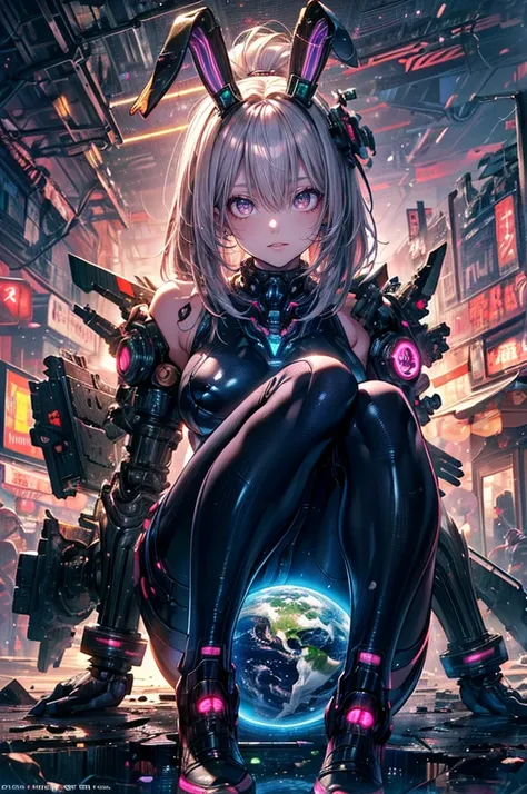 masterpiece,(Best Quality),Very detailed,One Mecha Girl,(Glowing Eyes:green:1.2),(Natural Light:1.5,Confident expression),(Wearing cyberpunk armor over a tight latex bodysuit:1.2)(Panorama:1.2),smile,angle、chromium,(Equipped with mechanical parts on the ba...