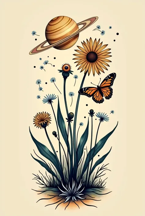 An image for a tattoo that includes a Taraxacum officinale flower, A monarch butterfly, a planet saturn and three children