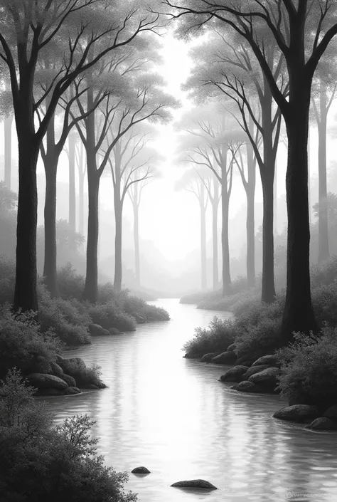 I want you to make a landscape of trees and a river without colors for me to put the paper on top and draw