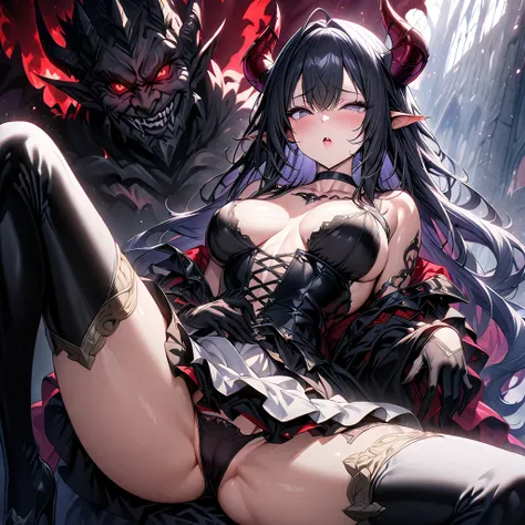 High image quality、best quality、extremely detailed CG unity 8k wallpaper、Masterpiece、ultra detailed、super fine illustration、detailed beautiful face、detailed beautiful eyes、The Strongest Demon King(Age 25、woman、Soft Breasts、Busty、Glamorous figure、Devils hor...