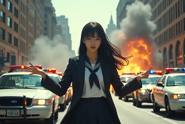 live-action、Real、Downtown NY、Beautiful Japanese schoolgirl、Superpowers、Black Hair、Long Hair、uniform、He uses his psychic powers to lift the surrounding police cars.、Police surround the girl from a distance.、The building explodes、Smoke is filling the air