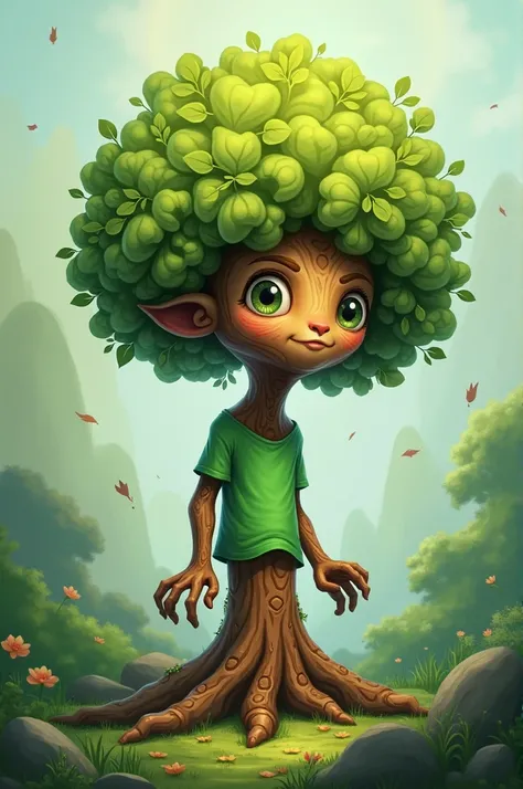 Tree with light and dark green leaves, brown stem with hands and feet and green t-shirt