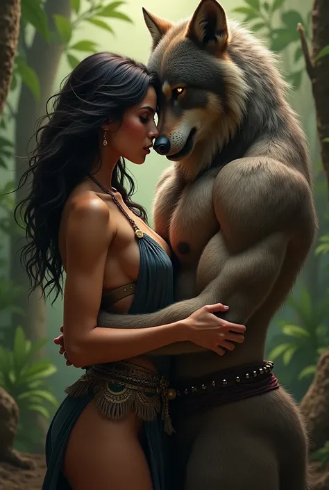 A naked gorgeous arabian girl making love with werewolf in realistic photo 