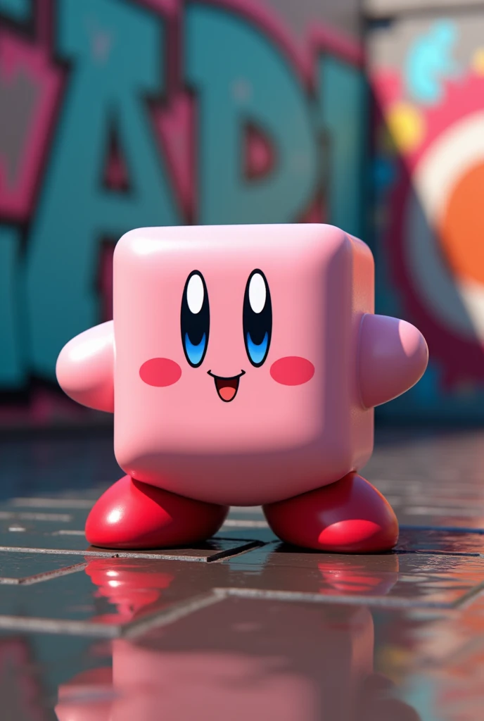 a square kirby pokemon, minecraft style, standing in front of a graffiti wall, daylight lighting, wet ground creating reflective effect, hyper detailed, 8k, photorealistic, studio lighting, physically-based rendering, vivid colors, masterpiece