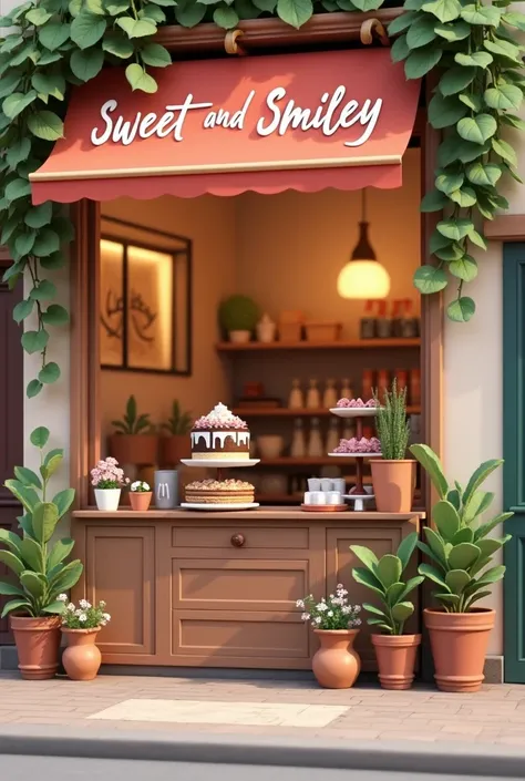 Create me a shop perspective ,that have a business name: Sweet and smiley and the  product name: Choco peppermint lava cake (front view shop)