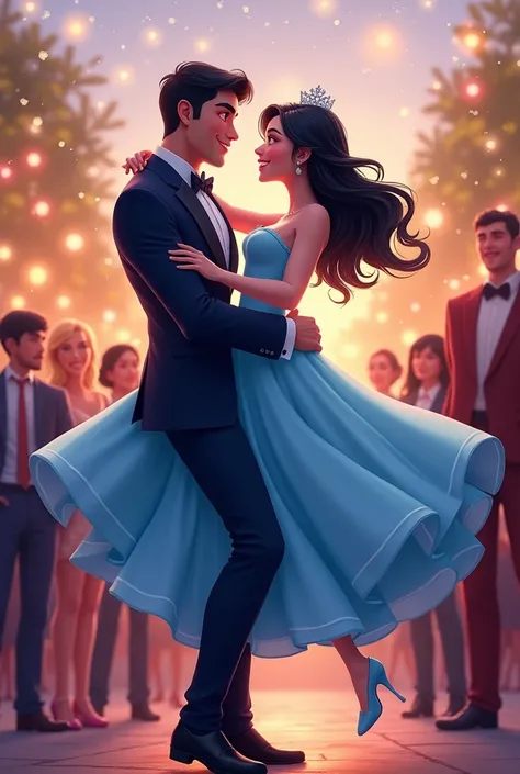 You can generate a quinceanera with black hair and a light blue dress being carried by her boyfriend while they dance?, Make the boy carry her in his arms and the fifteen-year-old with the whitest skin, make the boy more manly and bigger, and she suspended...