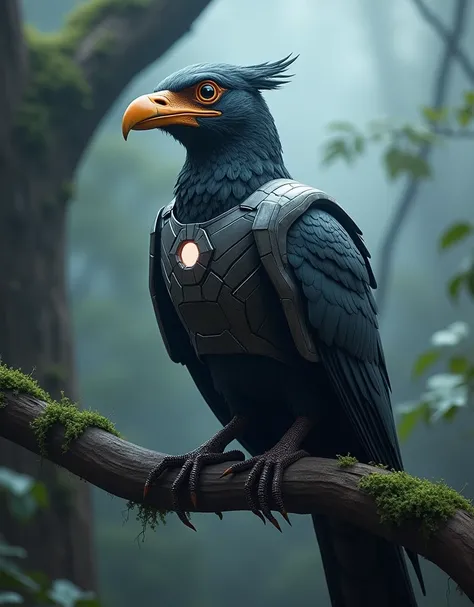  Create a realistic image. Sitting on a tree branch . Design A bird. Tha bird is wearing a full ironman mask and iron mans iconic costume. The background will be cool 