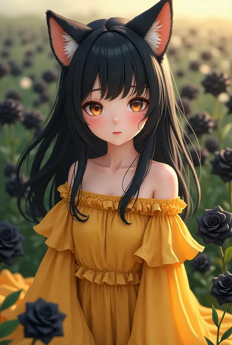 Best quality, masterpiece, ultra high res, (photorealistic:1.4), raw photo, japanese girl, yellow ruffle long sleeve dress, wolf ear, soft pink blush, cute big hazel eyes, black long bangs wavy hair, glowing skin, light smile, black rose field