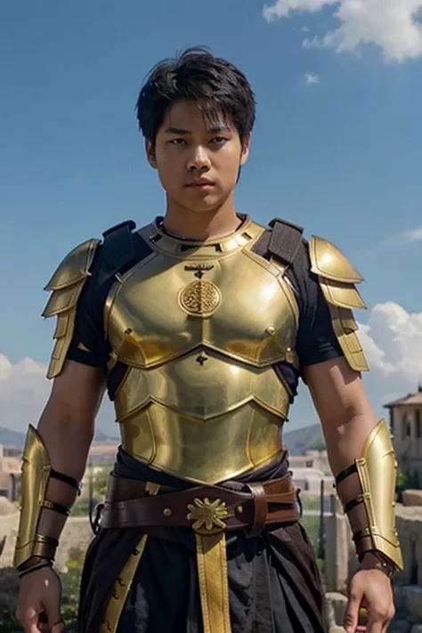 Minho, Ki Hong Lee, Greek god, male, 1.1, black hair, short messy hair, slim muscular build, brown eyes, completely gold Greek hoplite armor, dark brown Greek tunic under armor, gold belt , cloud background, looking directly at the viewer.