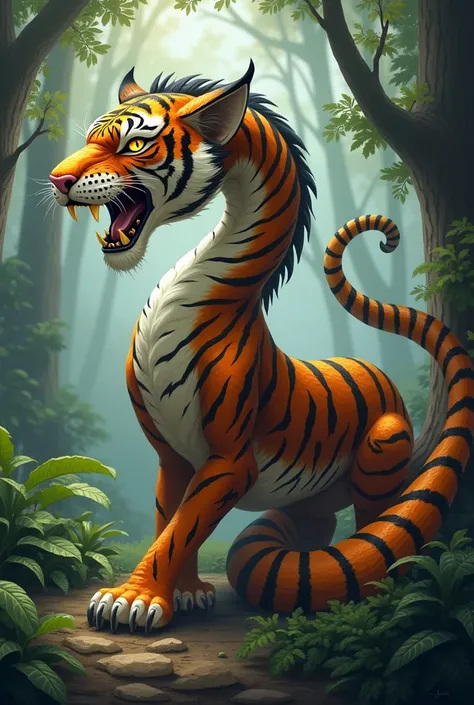 Here is the image of the snake and tiger hybrid you requested. Let me know if youd like any adjustments!

