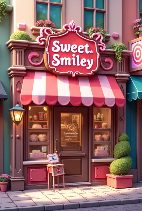 Create me a shop perspective ,that have a business name: Sweet and smiley and our Product name: Choco peppermint lava (front view shop) with the touch of peppermint 