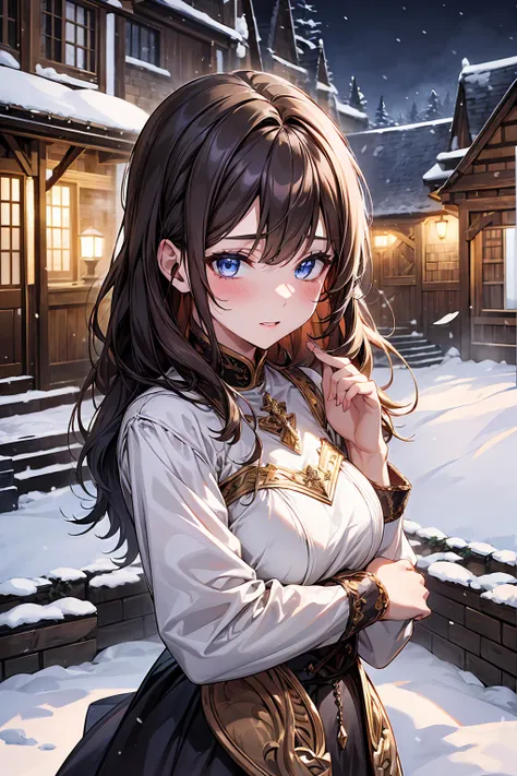 ((Very detailed)), 4K, ((Cinema Lighting)), close, Fantasy World, Medieval, Cobblestone Town, Wooden stone house, snow, market, marketの屋台, Adult female, dress、Marquis&#39; Daughter, Long light brown hair Blue eyes, ((Beautiful Eyes)), Happy expression, 、Ve...