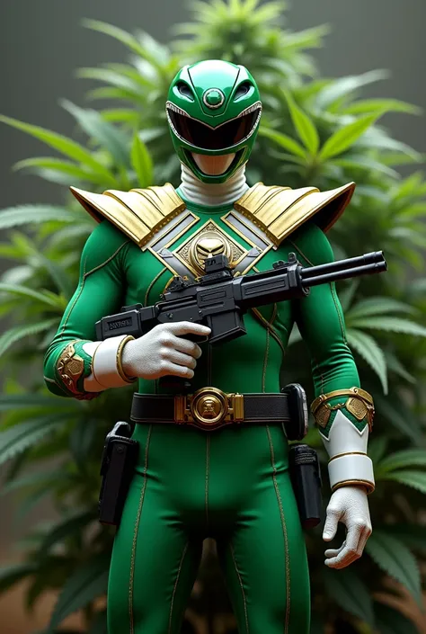 Power Ranger Verde, gun in hand, cannabis plant