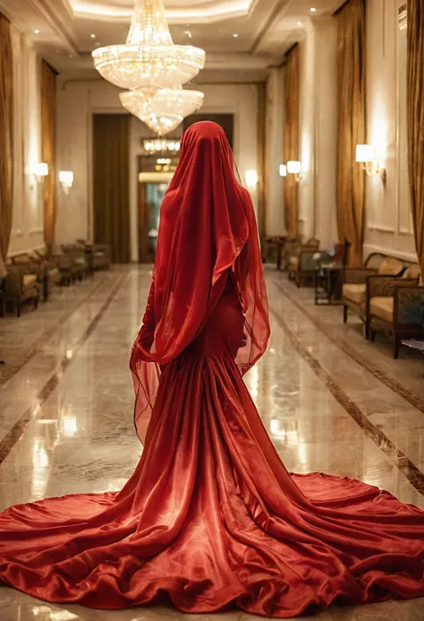 woman shrouded in a 10-meter-long, plush red semi transparent satin shimmer cloth, tightly bound and grandly draping along the f...