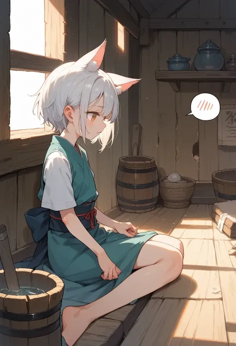 Little Girl　Wolf ears　White Hair　Short Hair　Clothing　Samurai clothing　spoken 　The background is inside the hut